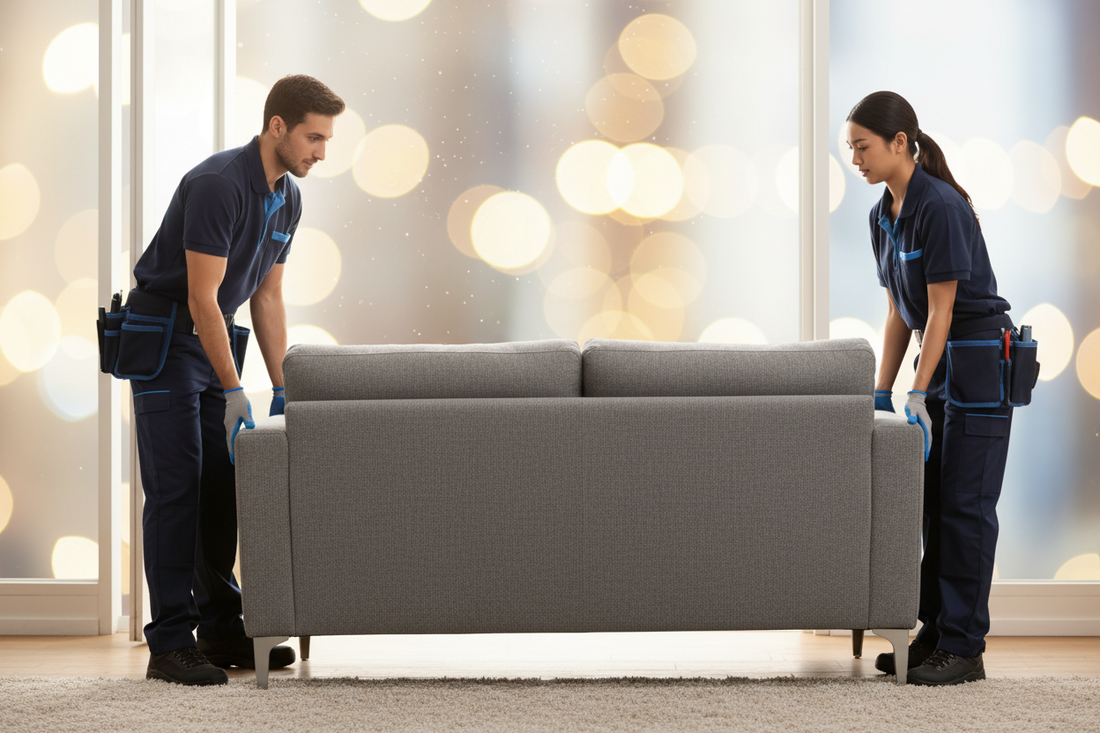 transporte e instalación de un sofá, pero que sea dentro de un piso urbano, que no se identifique el fondo, y el sofá de espaldas