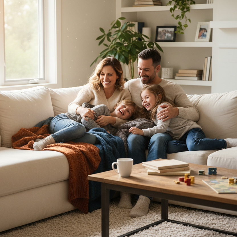 una familia pasando un buen momento en el sofá